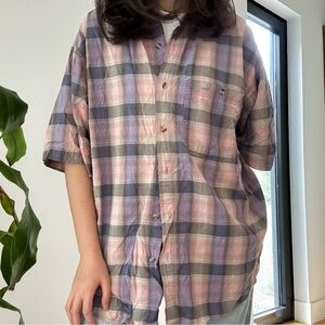 VINTAGE COLO WEAR PLAID  PURPLE PINK SHORT SLEEVE SHIRT - L